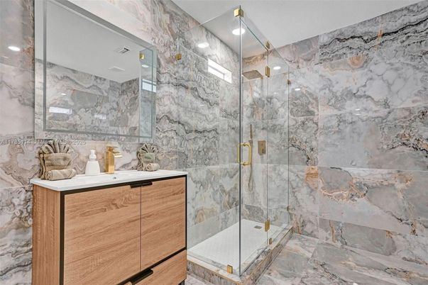 Bathroom, Glass Shower, Interior, Marble Walls, Recessed Lighting