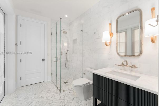 Bathroom, Glass Shower, Interior, Marble, Marble Walls, Recessed Lighting