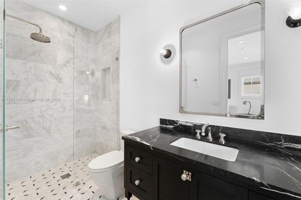 Bathroom, Glass Shower, Interior, Marble Walls, Recessed Lighting