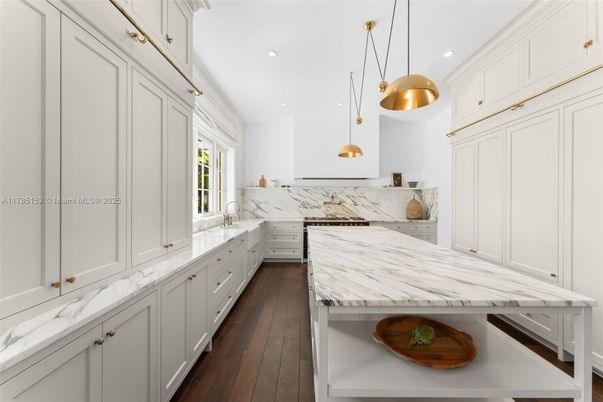 Interior, Kitchen, Marble Walls, Pendant Lights, Recessed Lighting, Wood Texture Flooring