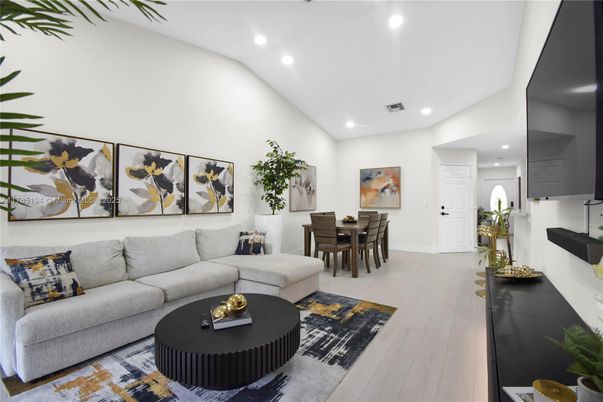 Dining room, Interior, Living room, Recessed Lighting, Wood Texture Flooring