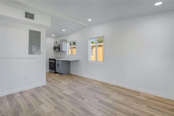 Empty room, Interior, Kitchen, Recessed Lighting, Wood Texture Flooring