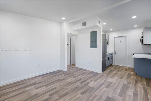 Empty room, Interior, Kitchen, Recessed Lighting, Wood Texture Flooring