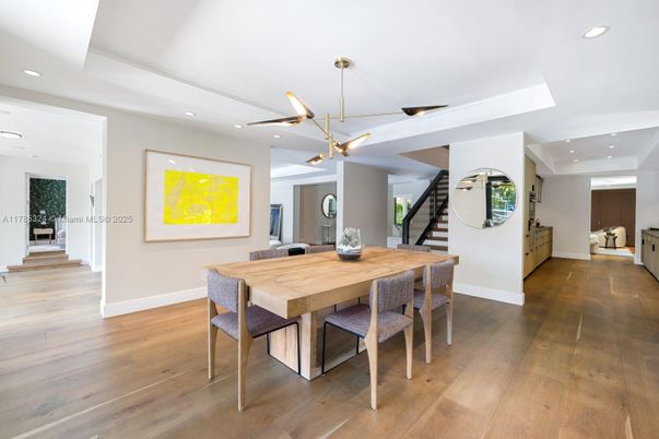 Dining room, Interior, Pendant Lights, Recessed Lighting, Wood Texture Flooring
