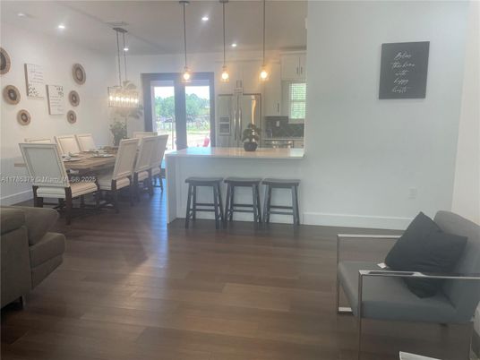 Dining room, Interior, Kitchen, Pendant Lights, Recessed Lighting, Wood Texture Flooring