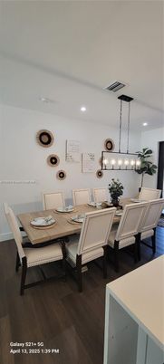 Dining room, Interior, Pendant Lights, Recessed Lighting, Wood Texture Flooring