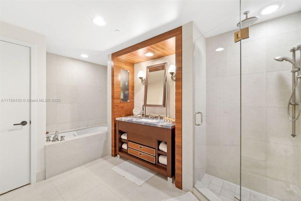 Bathroom, Dual Sink Vanities, Glass Shower, Interior, Recessed Lighting, Wooden Ceilings, Wooden Walls