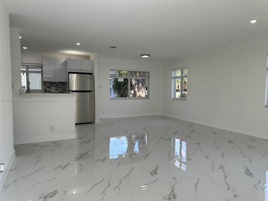 Empty room, Interior, Kitchen, Marble, Recessed Lighting, Stainless Steel Appliances