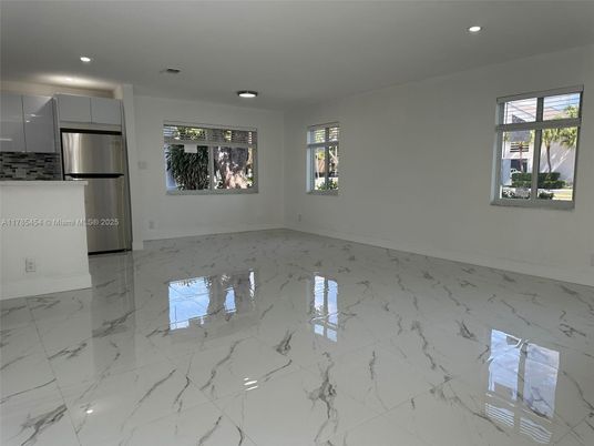 Empty room, Interior, Kitchen, Marble, Recessed Lighting, Stainless Steel Appliances