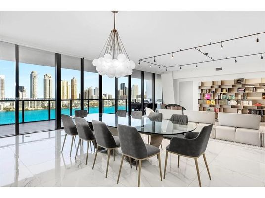 Dining room, Interior, Marble, Pendant Lights, Water