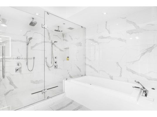 Bathroom, Glass Shower, Interior, Marble, Marble Walls, Recessed Lighting