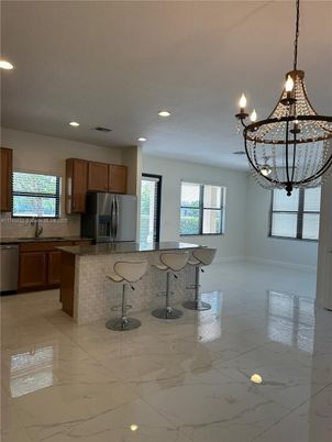Chandelier, Interior, Kitchen, Marble, Pendant Lights, Recessed Lighting, Stainless Steel Appliances