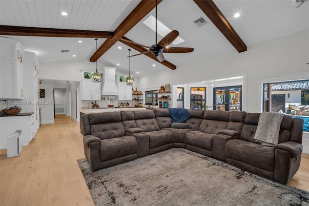 Interior, Kitchen, Living room, Pendant Lights, Recessed Lighting, Wooden Beams, Wood Texture Flooring