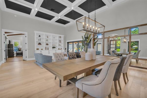 Dining room, Interior, Pendant Lights, Wood Texture Flooring