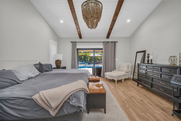 Bedroom, Interior, Recessed Lighting, Wooden Beams, Wood Texture Flooring