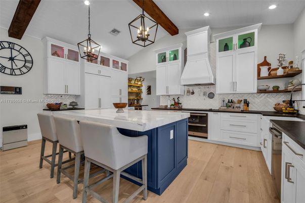 Interior, Kitchen, Pendant Lights, Recessed Lighting, Stainless Steel Appliances, Wooden Beams, Wood Texture Flooring