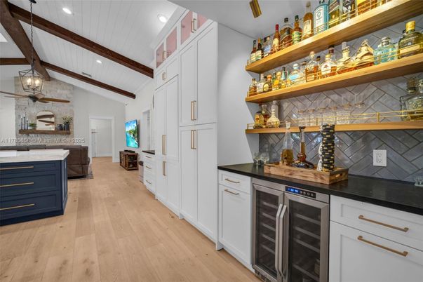 Interior, Kitchen, Recessed Lighting, Stone Walls, Wooden Beams, Wood Texture Flooring