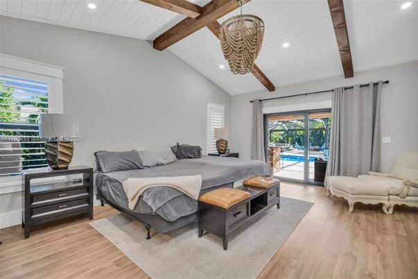 Bedroom, Chandelier, Interior, Recessed Lighting, Wooden Beams, Wood Texture Flooring