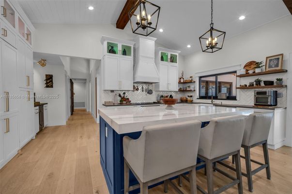 Interior, Kitchen, Pendant Lights, Recessed Lighting, Wooden Beams, Wood Texture Flooring