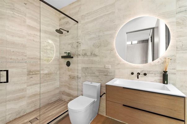 Bathroom, Glass Shower, Interior, Wood Texture Flooring