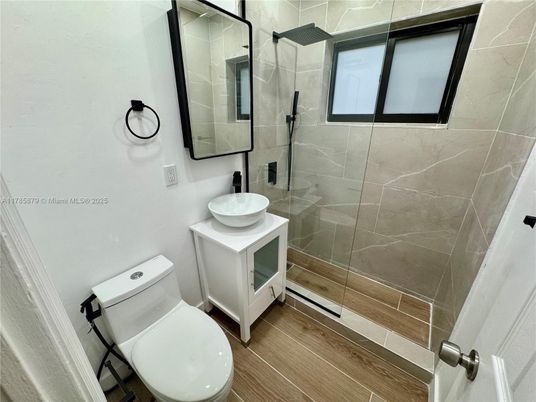 Bathroom, Glass Shower, Interior, Wood Texture Flooring