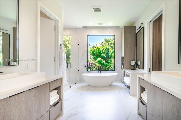 Bathroom, Dual Sink Vanities, Free Standing Baths, Interior, Marble, Marble Walls, Recessed Lighting