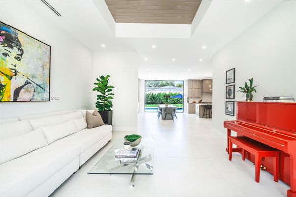 Interior, Kitchen, Living room, Piano, Recessed Lighting, Wooden Ceilings