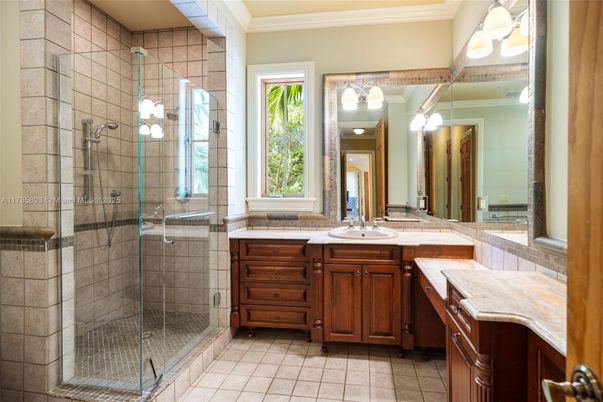 Bathroom, Dual Sink Vanities, Glass Shower, Interior, Stone Walls