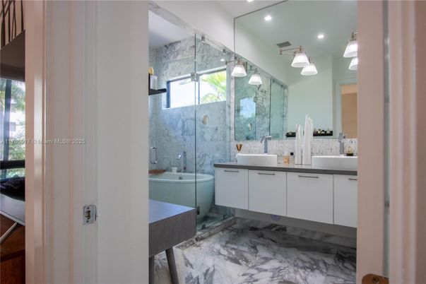 Bathroom, Dual Sink Vanities, Glass Shower, Interior, Marble, Recessed Lighting