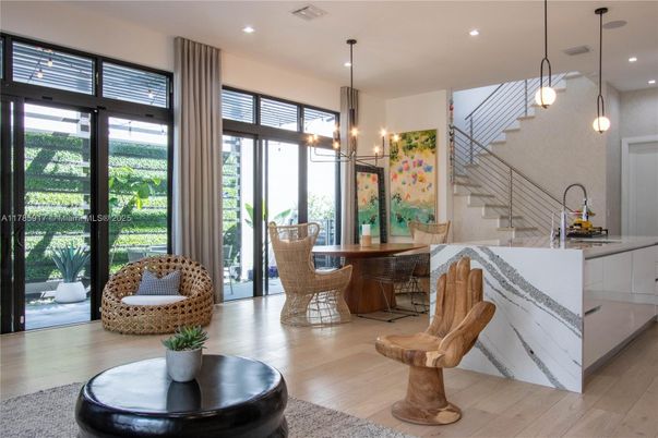 Dining room, Interior, Pendant Lights, Recessed Lighting, Wood Texture Flooring