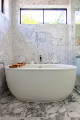 Bathroom, Free Standing Baths, Glass Shower, Interior, Marble, Marble Walls