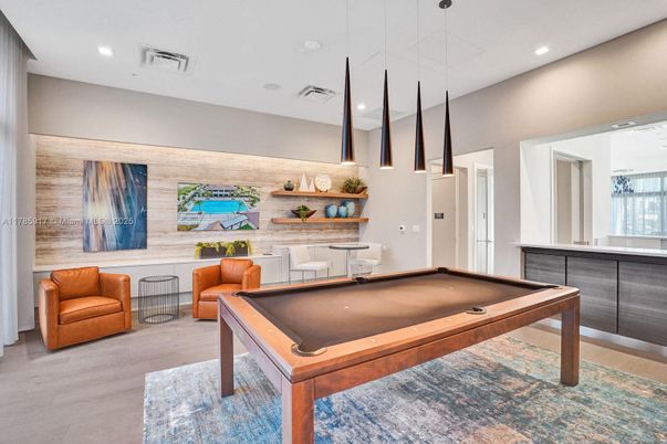 Billiard Table, Game Room, Interior, Pendant Lights, Recessed Lighting, Stone Walls, Wood Texture Flooring