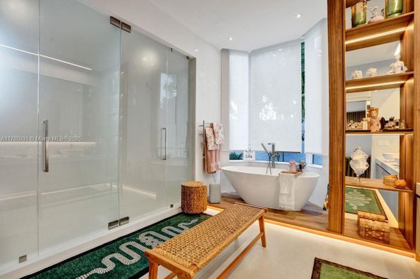 Bathroom, Free Standing Baths, Glass Shower, Interior, Recessed Lighting, Wood Texture Flooring