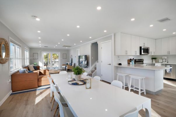 Dining room, Interior, Kitchen, Living room, Recessed Lighting, Stainless Steel Appliances, Wood Texture Flooring