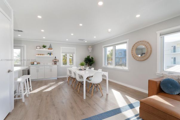 Dining room, Interior, Recessed Lighting, Wood Texture Flooring