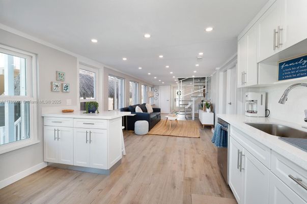 Dining room, Interior, Kitchen, Living room, Recessed Lighting, Wood Texture Flooring