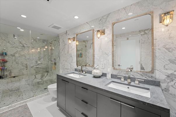 Bathroom, Dual Sink Vanities, Glass Shower, Interior, Marble Walls, Recessed Lighting