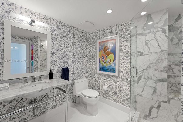 Bathroom, Glass Shower, Interior, Marble Walls, Recessed Lighting
