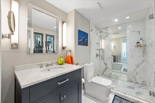 Bathroom, Glass Shower, Interior, Marble, Marble Walls, Recessed Lighting