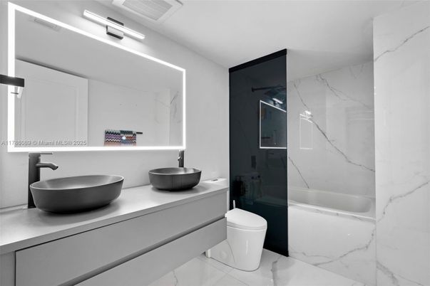 Bathroom, Dual Sink Vanities, Glass Shower, Interior, Marble Walls
