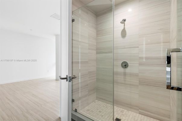 Bathroom, Glass Shower, Interior, Recessed Lighting, Wood Texture Flooring