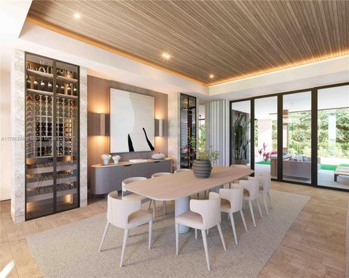 Dining room, Interior, Recessed Lighting, Wine Storage, Wood Texture Flooring