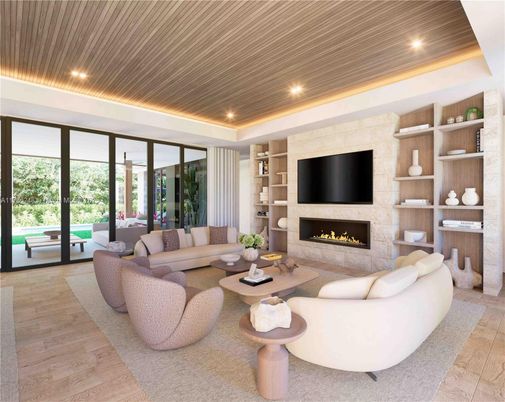 Fireplace, Interior, Living room, Recessed Lighting, Stone Walls, Wood Texture Flooring