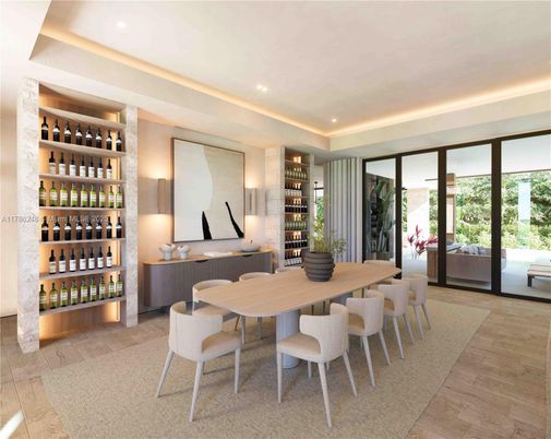 Dining room, Interior, Recessed Lighting, Wine Storage, Wood Texture Flooring