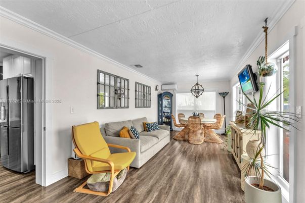 Dining room, Interior, Living room, Pendant Lights, Wood Texture Flooring