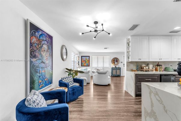 Interior, Kitchen, Living room, Pendant Lights, Wood Texture Flooring