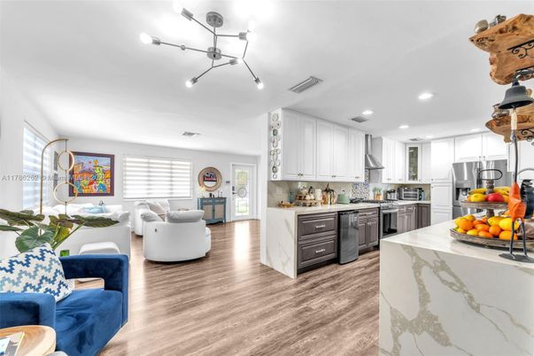 Interior, Kitchen, Living room, Recessed Lighting, Stainless Steel Appliances, Wood Texture Flooring