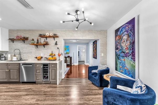 Interior, Kitchen, Pendant Lights, Stainless Steel Appliances, Stone Walls, Wood Texture Flooring
