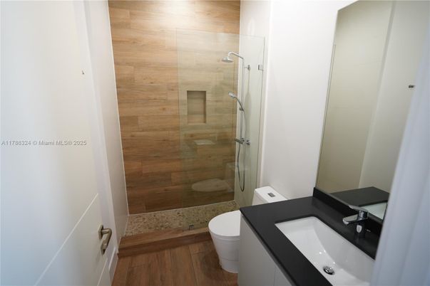 Bathroom, Glass Shower, Interior, Wood Texture Flooring