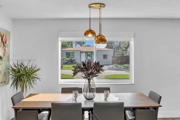 Dining room, Interior, Pendant Lights, Wood Texture Flooring